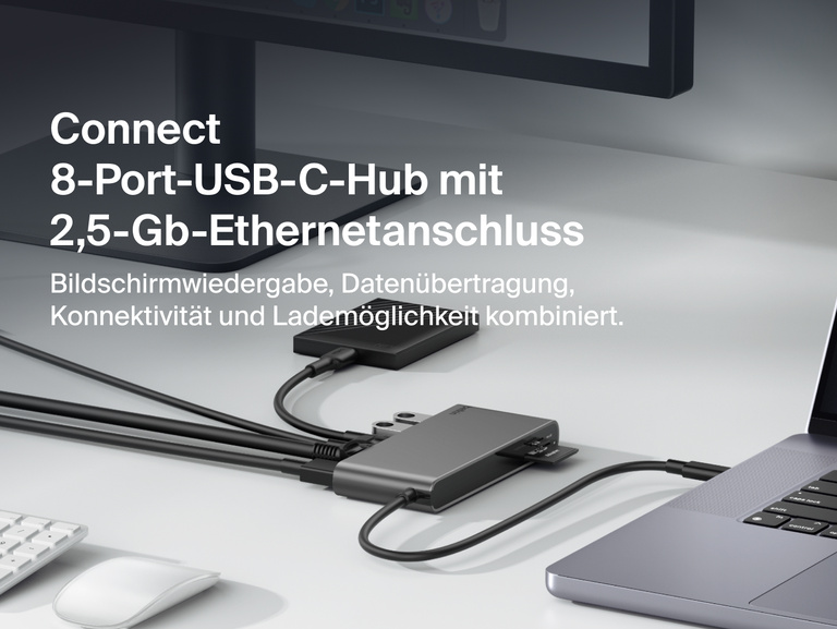 Belkin Connect 8-Port USB-C-Hub mit 2,5 Gb Ethernet Anschluss, der mit einem Laptop- und einem Desktop Monitor verbunden ist und eine Highspeed Datenübertragung sowie reibungsloses Laden von Geräten auf dem Schreibtisch ermöglicht.