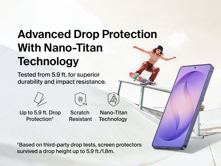Belkin ScreenForce Titan EcoGuard Red Light Screen Protector for Samsung Galaxy S26 featuring Nano-Titan technology with scratch resistance and up to 5.9-foot drop protection for durable, everyday screen defense.