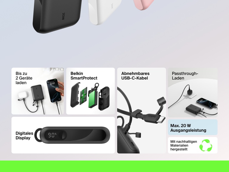 Infografik, die die wichtigsten Funktionen der Belkin BoostCharge Powerbank 10K mit Display zeigt: 20-Watt-Ausgangsleistung, Aufladung von zwei Geräten, digitale Akkustand-Anzeige, abnehmbares USB-C-Kabel, Laden per Passthrough, Belkin SmartProtect und nachhaltige Materialien.