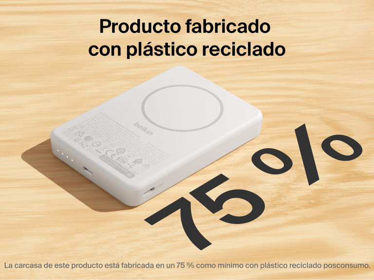 Belkin BoostCharge Slim Magnetic Power Bank 10K highlighting 75% post-consumer recycled plastic housing with slim magnetic design and USB-C ports