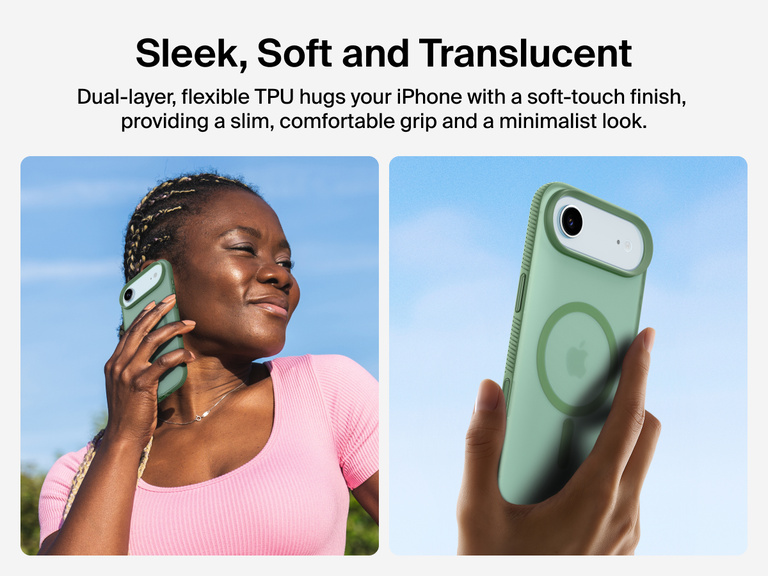 Belkin SheerForce Grip Series Case for iPhone 17 with slim translucent design and soft-touch finish for a comfortable grip.