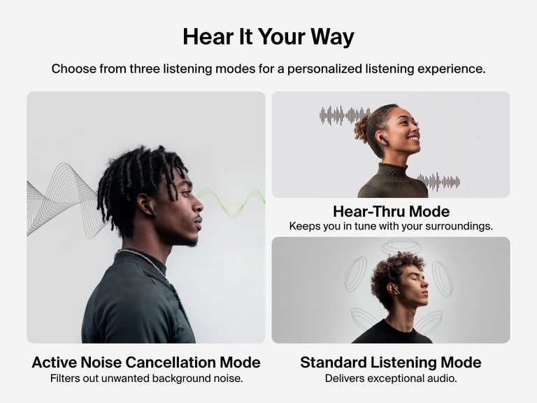 Image highlighting the three listening modes of Belkin SoundForm Rhythm ANC Earbuds—Active Noise Cancellation, Hear-Thru Mode, and Standard Listening Mode—for a personalized audio experience.