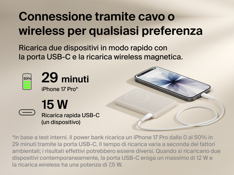 Belkin BoostCharge Slim Magnetic Power Bank 5K with Qi2 shown delivering wired USB-C fast charging and wireless charging for reliable, on-the-go power in a compact portable design.