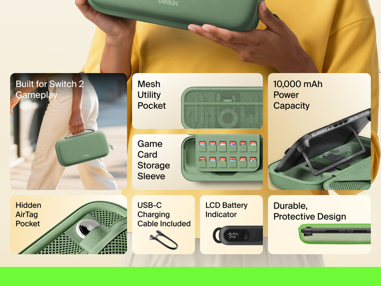 Infographic showcasing the Belkin Gaming Charging Case for Nintendo Switch 2 with features like 10,000 mAh power capacity, game card storage sleeve, USB-C cable, LCD battery indicator, mesh pocket, hidden AirTag pocket, and a durable, protective design.