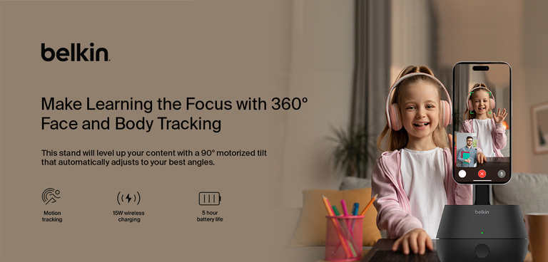 A young girl wearing pink headphones smiles during a video call, using Belkin's 360° Auto-Tracking Stand. The stand holds a smartphone, featuring motion tracking, 15W wireless charging, and a 5-hour battery life, making it ideal for interactive learning and content creation. The text highlights the stand's features, including motorized tilt for optimal angles.