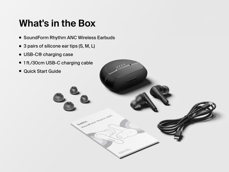 Image displaying what's included with the Belkin SoundForm Rhythm ANC Wireless Earbuds: earbuds, three sizes of silicone ear tips, USB-C charging case, 1ft/30cm USB-C charging cable, and Quick Start Guide.