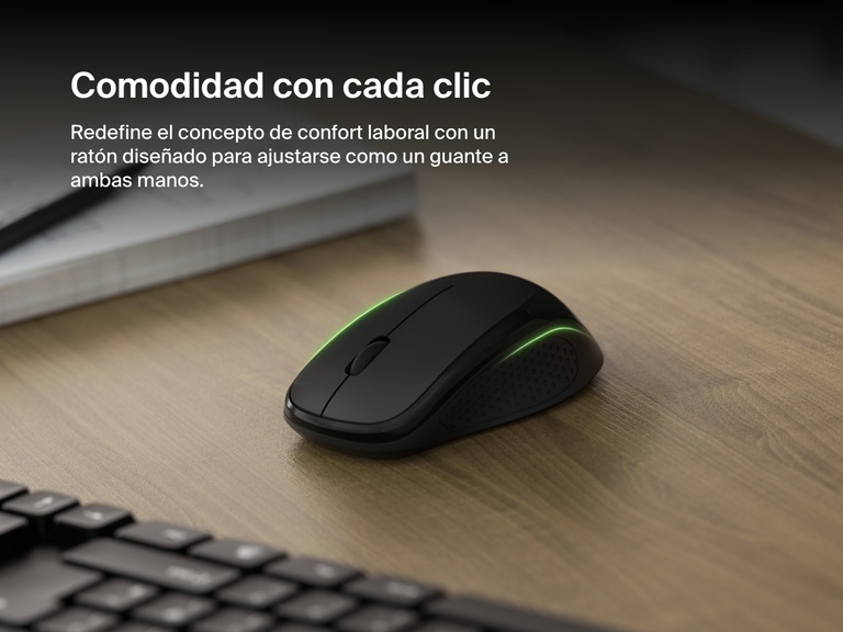Un plano en primer plano del ratón inalámbrico y ergonómico Belkin Connect sobre un escritorio de madera. El él se aprecia un acento visual con la forma de un rayo verde. Ha sido diseñado para permitir un uso cómodo con ambas manos. 