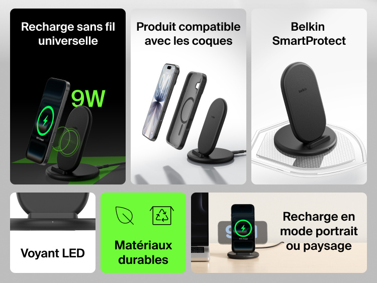 Belkin BoostCharge Wireless Charging Stand 15W shown with key features including universal wireless charging, case compatibility, SmartProtect technology, LED indicator, sustainable materials, and 15W fast charging.