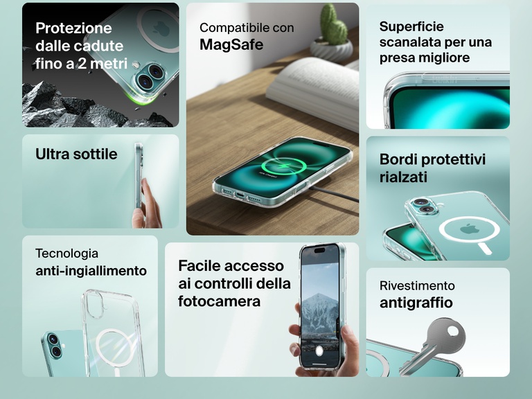 A feature-packed promotional image of the SheerForce™ Magnetic iPhone Case, highlighting its key benefits. The collage showcases its MagSafe compatibility, grip-enhancing grooved texture, protective raised edges, anti-yellowing technology, and anti-scratch coating. It also emphasizes 2m drop protection, ultra-slim design, and easy access to camera control, making it a durable and stylish choice for iPhone users.