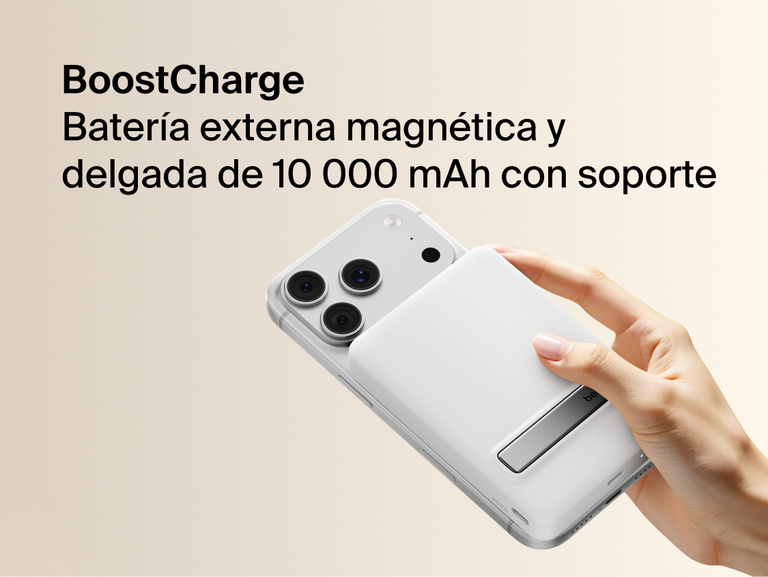 Slim Magnetic Power Bank 10K with Qi2 magnetically attached to smartphone showing integrated kickstand and handheld use