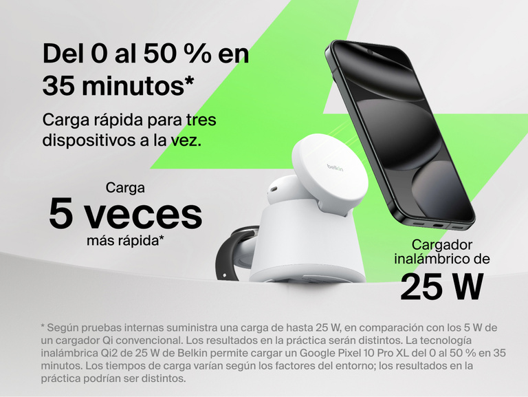 Se muestra la estaci&oacute;n de carga modular con Qi2 de 25 W Belkin UltraCharge, destacando la carga inal&aacute;mbrica r&aacute;pida de hasta 25 W que ofrece un rendimiento hasta 5 veces m&aacute;s r&aacute;pida para cargar m&oacute;viles compatibles del 0 al 50 % en unos 35 minutos. Adem&aacute;s, es capaz de cargar m&uacute;ltiples dispositivos al mismo tiempo.