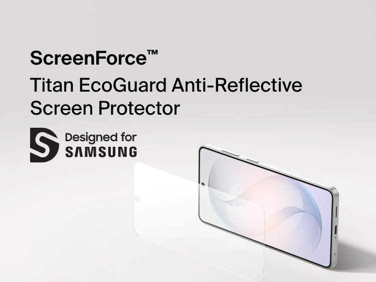 Belkin ScreenForce Titan EcoGuard Anti-Reflective Screen Protector for Samsung Galaxy S26 shown applied to a smartphone display, designed to reduce glare, resist scratches, and provide durable everyday screen protection.
