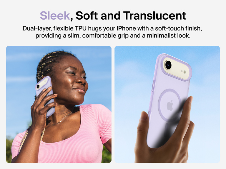 Belkin SheerForce Grip Series Case for iPhone 17 with slim translucent design and soft-touch finish for a comfortable grip.