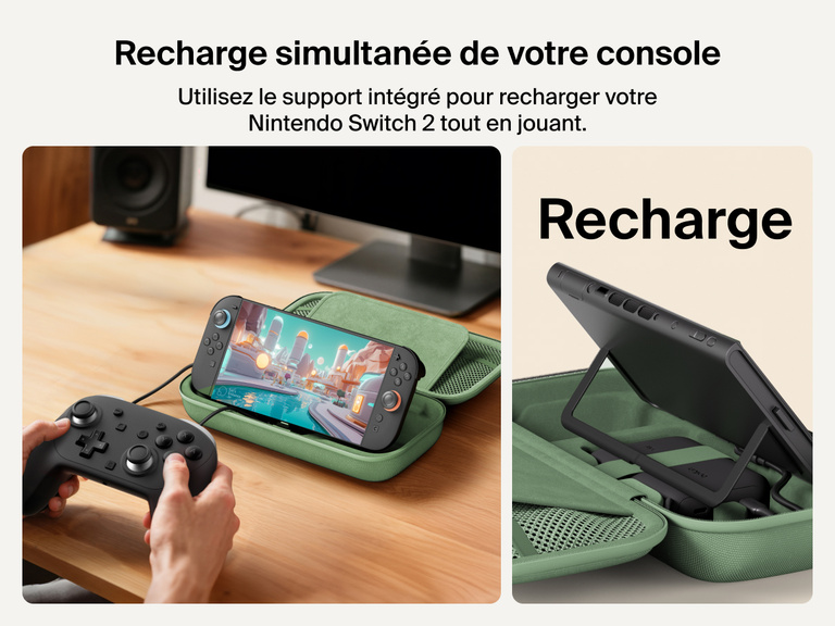 Image d'un socle de recharge 3-en-1 aimanté et compacte Belkin BoostCharge rechargeant des AirPods sans fil et qui met en avant sa compatibilité avec tous les modèles des AirPods et AirPods Pro.