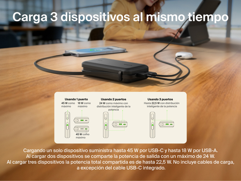 Belkin UltraCharge 10K power bank with integrated USB-C cable and digital display charging up to three devices simultaneously with smart power sharing