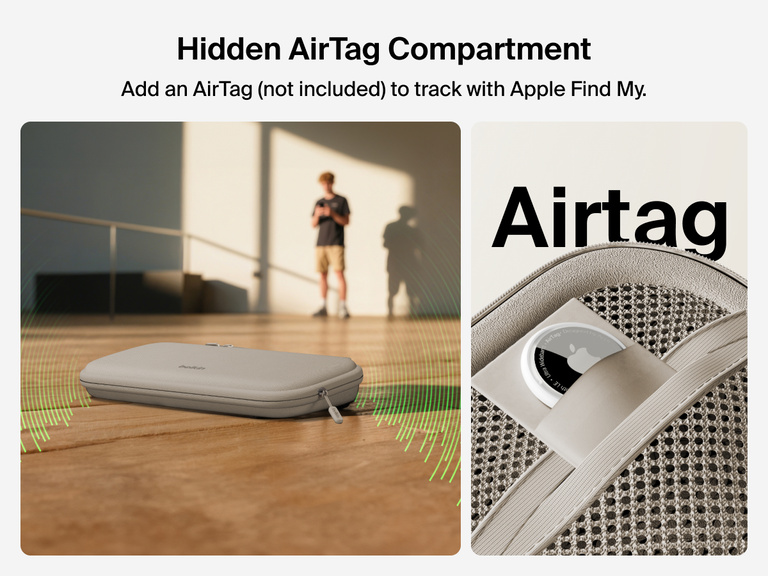 Belkin Gaming Travel Case for Nintendo Switch 2 shown with a hidden AirTag compartment, allowing tracking via Apple Find My (AirTag not included).