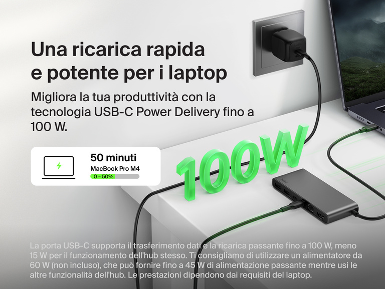 Hub a 8 porte con USB-C ed Ethernet da 2,5 Gb Connect di Belkin connesso ad un laptop e ad un caricabatteria da parete, per evidenziare la ricarica rapida ed efficace del laptop con l'USB-C Power Delivery fino a 100 W.