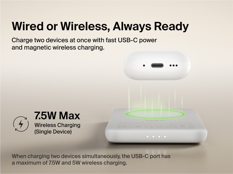 Belkin BoostCharge Slim Magnetic Power Bank 5K shown wirelessly charging earbuds, demonstrating 7.5W max magnetic wireless charging for single-device power.
