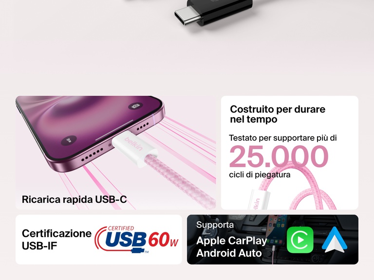 Infografica del cavo da USB-C a USB-C da 60 W Belkin BoostCharge ricco di funzionalità, tra cui certificazione USB-IF, resistenza a più di 25.000 piegamenti, ricarica rapida e compatibilità con Apple CarPlay e Android Auto.
