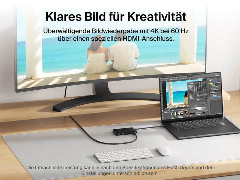 Belkin Connect 5-Port USB-C Hub with Dual USB-C Ports connects a laptop to a monitor, delivering stunning 4K@60Hz visuals via the dedicated HDMI port.