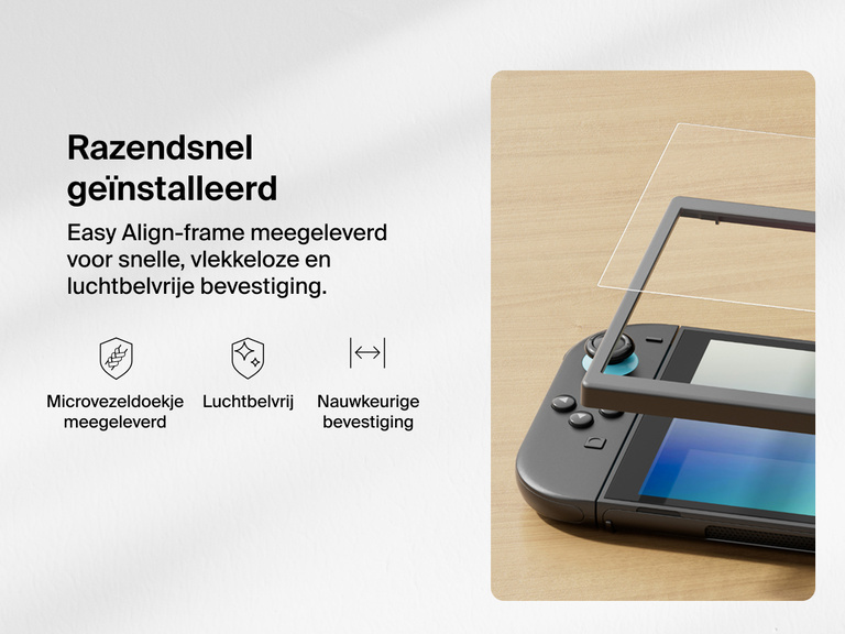 Afbeelding met instructies voor het aanbrengen van een Belkin-screenprotector op een Nintendo Switch 2. Rechts is te zien hoe een Easy Align-frame op de console wordt geplaatst voor een nauwkeurige bevestiging. Links staat de tekst "Razendsnel geïnstalleerd" en wordt uitgelegd dat het frame een snelle, vlekkeloze en luchtbelvrije bevestiging mogelijk maakt. De pictogrammen eronder geven aan dat de set een microvezeldoekje bevat en garant staat voor een luchtbelvrije en nauwkeurige bevestiging.