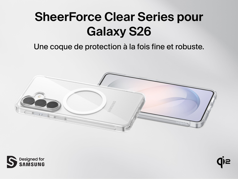 Belkin SheerForce Clear Series Case for Samsung Galaxy S26 shown on phone, featuring a slim, protective clear design with raised edges, precise cutouts, and Qi2 wireless charging compatibility.