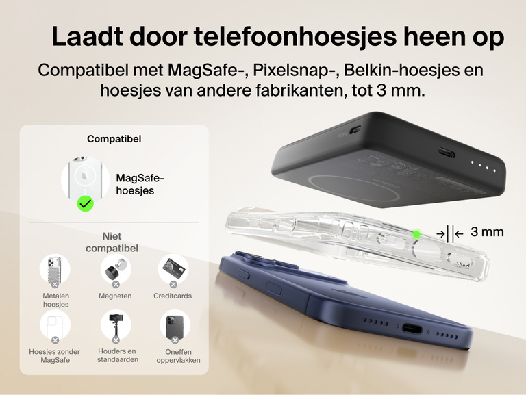 Slim Magnetic Power Bank 10K with Qi2 positioned above smartphone with case showing compatibility and magnetic attachment spacing