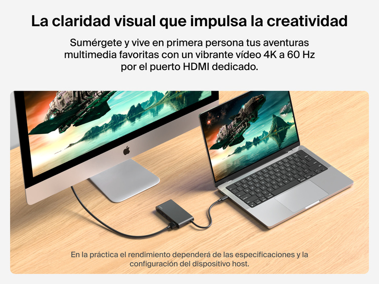 Belkin Connect 5-Port USB-C Hub with 4K HDMI delivers stunning 4K@60Hz visuals from a MacBook to an external monitor.
