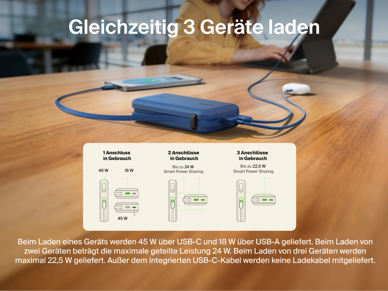 Belkin UltraCharge 10K power bank with integrated USB-C cable and digital display charging up to three devices simultaneously with smart power sharing