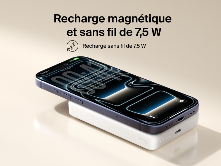 Belkin BoostCharge Slim Magnetic Power Bank 10K magnetically attached to a smartphone delivering 7.5W wireless charging in a slim portable design