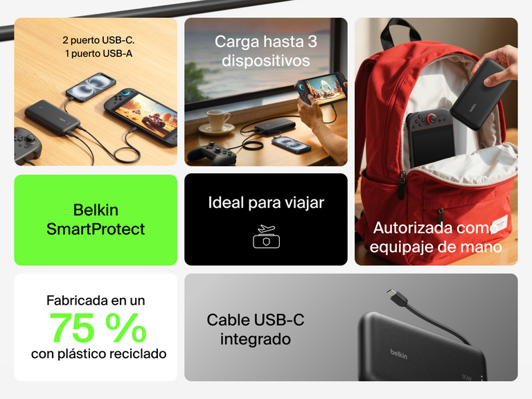 La batería externa 20K (30 W) de Belkin Gaming para Nintendo Switch 2 posee un cable USB-C integrado y es capaz de cargar hasta 3 dispositivos al mismo tiempo. Es ideal para viajar porque es posible facturarla como equipaje de mano y ha pasado las pruebas de seguridad y calidad del estándar Belkin SmartProtect. 
