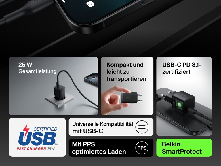 Infographic highlighting key features of the Belkin BoostCharge USB-C Wall Charger 25W, including 25W power output, USB-C PD 3.1 certification, compact design, PPS optimized charging, and SmartProtect technology.