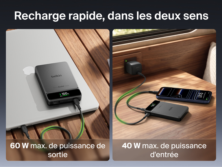 Image de la batterie externe Belkin&nbsp;UltraCharge&nbsp;Pro 10K avec BoostSolid&nbsp;Cell offrant jusqu'&agrave; 60&nbsp;W de puissance pour recharger un ordinateur portable et prenant en charge une puissance d&rsquo;entr&eacute;e allant jusqu&rsquo;&agrave; 40&nbsp;W pour une recharge rapide.