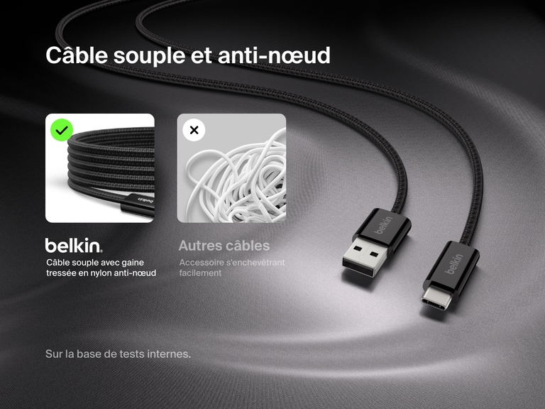 Image du câble USB-A vers USB-C Belkin BoostCharge 15 W doté d'une gaine tressée en nylon douce et souple, conçue pour résister aux enchevêtrements et offrir une grande facilité d'utilisation.