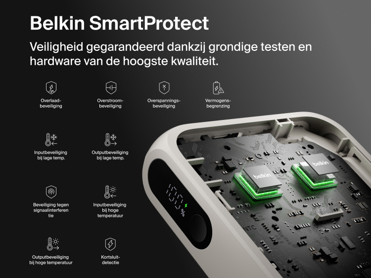 Belkin UltraCharge 10K power bank with integrated USB-C cable and digital display featuring SmartProtect safety system with multiple protection layers for reliable charging