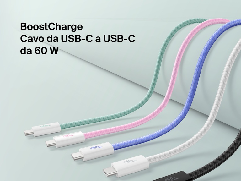 Immagine dei cinque colori disponibili (verde, rosa, blu, bianco e nero)  del cavo da USB-C a USB-C da 60 W Belkin BoostCharge, un cavo di ricarica rapida dal design intrecciato per i dispositivi USB-C.