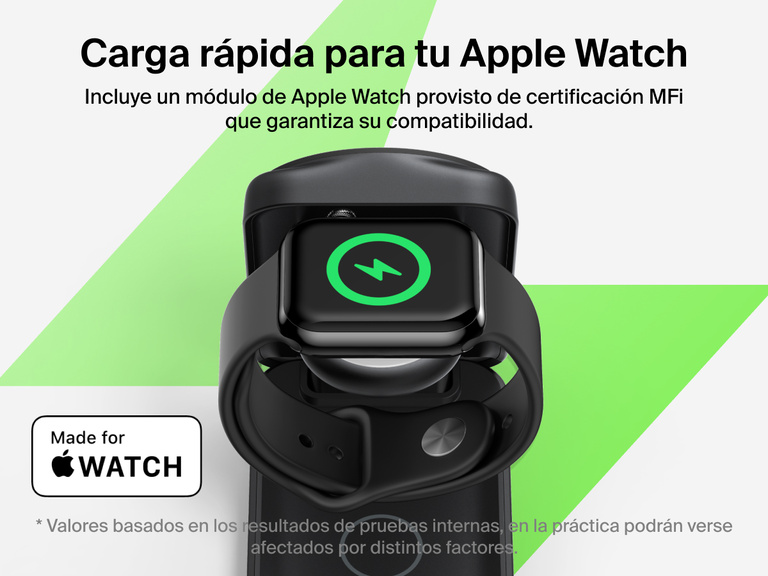 El cargador magnético plegable 3 en 1 con Qi2 25W Belkin UltraCharge recarga por carga rápida un Apple Watch Series 10, del 0 al 80 % en 30 minutos y usando un módulo de carga provisto de certificación MFi.