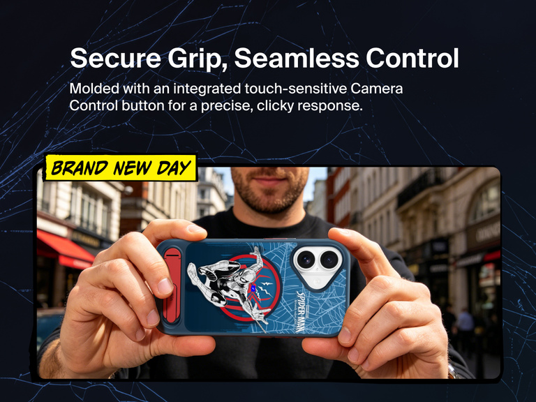 Belkin SheerForce Spider-Man Magnetic Protective Case with Kickstand for iPhone featuring textured sides, touch-sensitive Camera Control button, and secure grip.