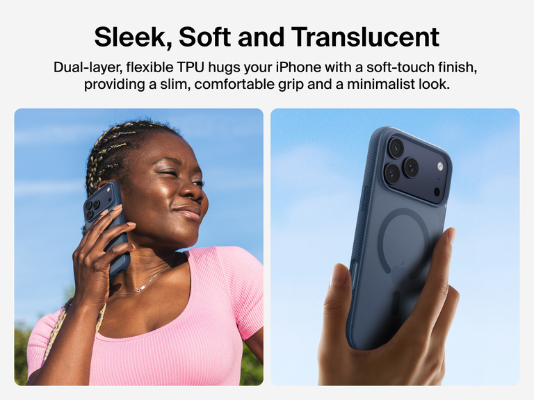 Belkin SheerForce Grip Series Case for iPhone 17 with slim translucent design and soft-touch finish for a comfortable grip.