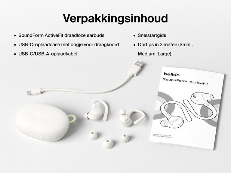 Belkin SoundForm ActiveFit Wireless Earbuds with USB-C charging case, USB-C to USB-A cable, quick start guide, and three ear tip sizes included in the box.