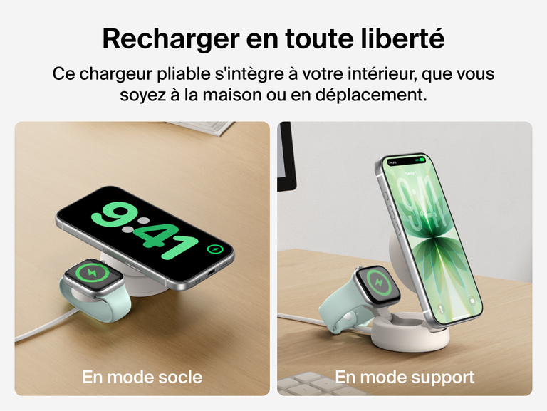 Image du socle de recharge 2-en-1 Belkin UltraCharge&nbsp;Pro aimant&eacute; et pliable avec Qi2 25&nbsp;W en mode socle ou support, offrant une recharge sans fil rapide &agrave; un smartphone et &agrave; une Apple&nbsp;Watch, &agrave; la maison ou en d&eacute;placement.
