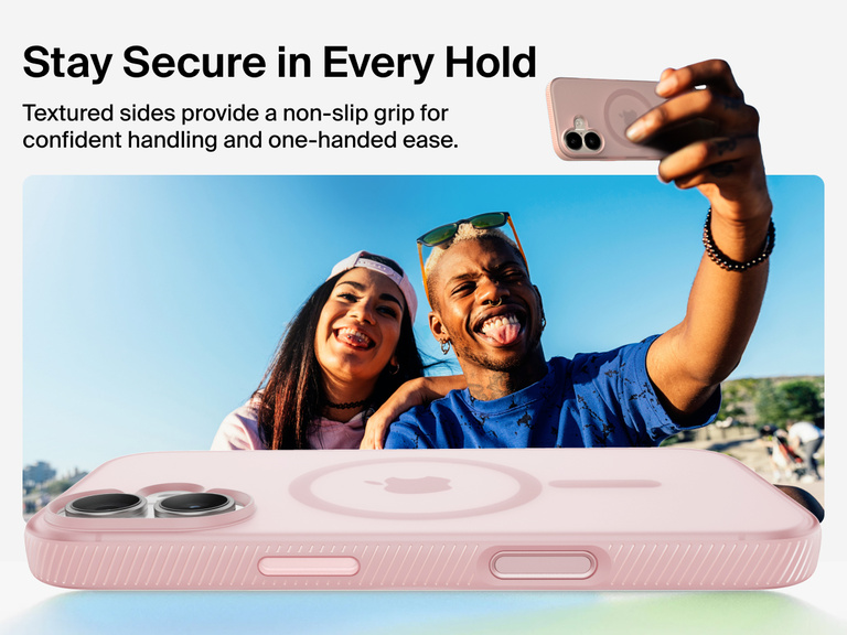 Belkin SheerForce Grip Series Case for iPhone 17 with military-grade drop protection and textured non-slip grip.