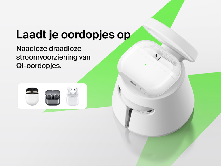 Afbeelding van een Belkin UltraCharge modulair laadstation met Qi2 25W dat Qi-oordopjes draadloos oplaadt en waarop het modulaire karakter en de naadloze werking zonder kabels benadrukt worden.