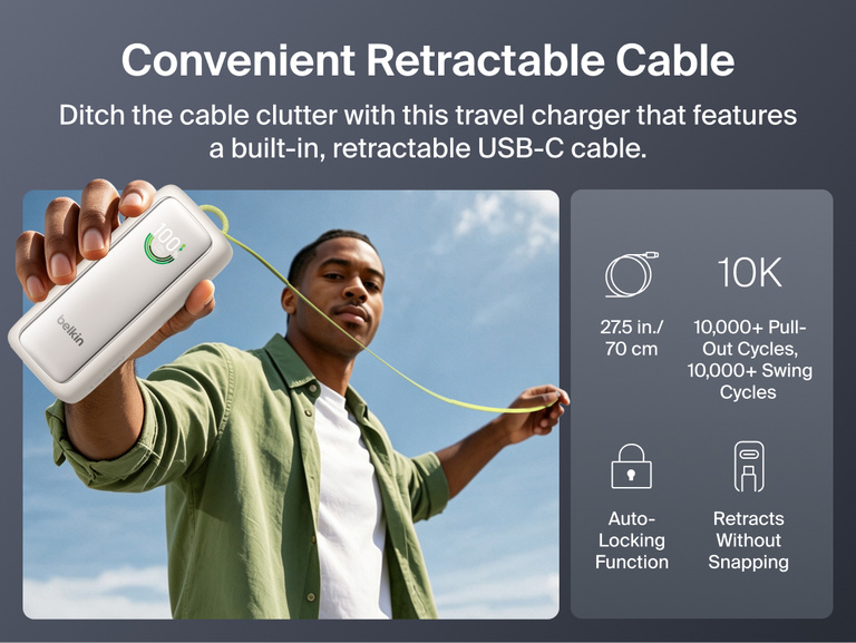 Person holding the UltraCharge Power Bank 22K with Retractable Cable outdoors with its built-in retractable USB-C cable extended, next to icons for cable length, pull-out cycles, auto-locking function, and snap-free retraction