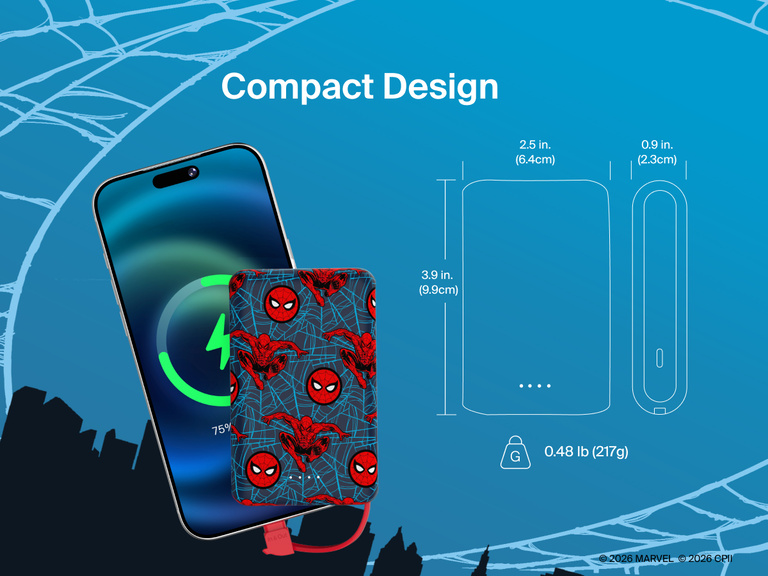 Belkin BoostCharge Power Bank 10K with Integrated Cable shown in hand with compact dimensions for easy everyday travel and portable device charging.