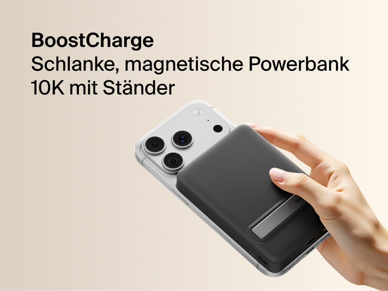 Slim Magnetic Power Bank 10K with Qi2 magnetically attached to smartphone showing integrated kickstand and handheld use