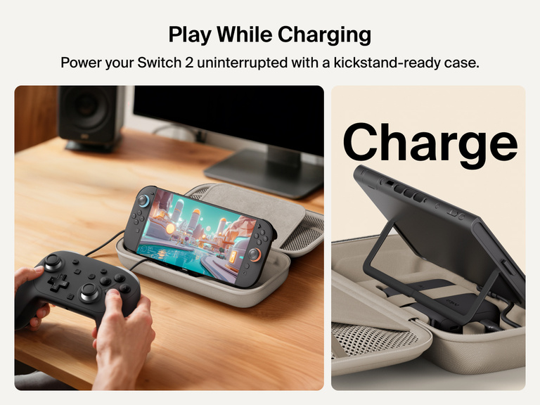 The Belkin Gaming Charging Case powers the Nintendo Switch 2 while in use, featuring a built-in kickstand for hands-free gameplay and uninterrupted charging with a connected controller.