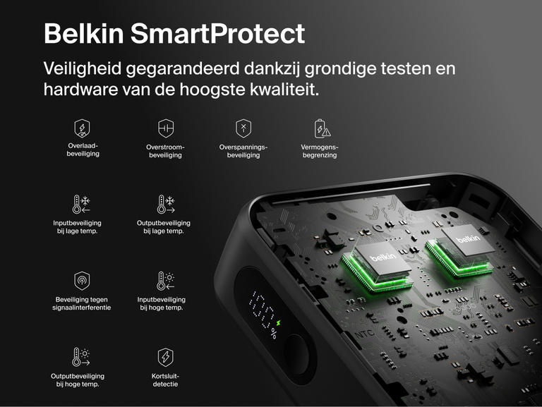 Belkin UltraCharge 20K 45W power bank with integrated cable featuring SmartProtect safety system with multi-layer protection for secure and reliable charging