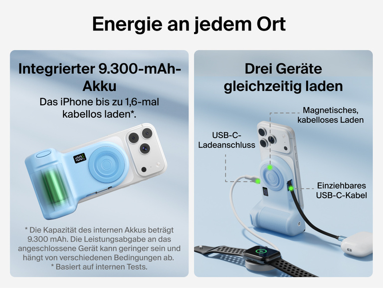 Belkin Stage PowerGrip compatibility chart showing support for iPhone 12 and later, Google Pixel 10 and later, USB-C devices like AirPods and Galaxy, and tripods with 1/4-inch mounts.
