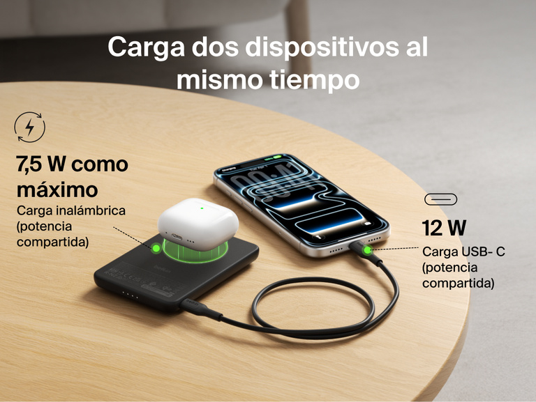 Belkin BoostCharge Slim Magnetic Power Bank 5K with Qi2 charging two devices simultaneously using magnetic wireless charging and USB-C wired output for shared power.